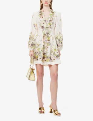 Shop Zimmermann Womens Cream Multi Floral Halliday Floral-print Linen Mini Dress