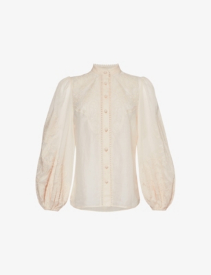 Shop Zimmermann Womens Ottie Floral-embroidered Linen Shirt Cream