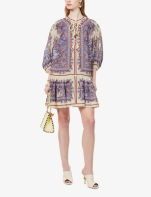 Shop Zimmermann Ottie Linen Mini Dress In Purple Paisley