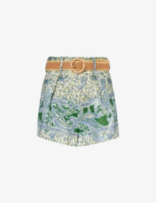 Shop Zimmermann Women's Green Paisley Ottie Paisley-print Linen Shorts