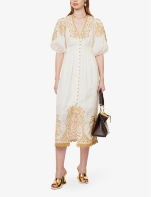 Shop Zimmermann Womens Cream/gold Waverly Floral-embroidered Linen Midi Dress