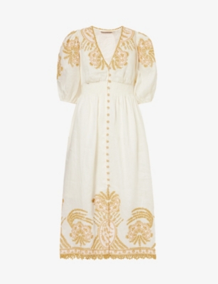 Shop Zimmermann Women's Cream/gold Waverly Floral-embroidered Linen Midi Dress