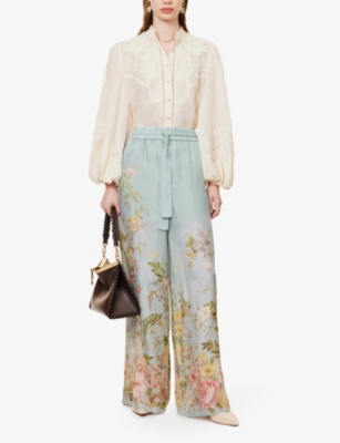 Shop Zimmermann Women's Blue Floral Waverly Floral-print Straight-leg High-rise Silk Trousers