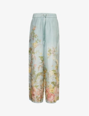 Shop Zimmermann Womens Blue Floral Waverly Floral-print Straight-leg High-rise Silk Trousers