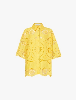 Shop Zimmermann Women's Mango Short-sleeved Embroidered Cotton-poplin Shirt