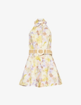 ZIMMERMANN: Graphic-print belted linen playsuit