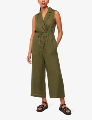 Shop Whistles Women's Khaki/olive Bella Notch-lapel Wrap Linen Jumpsuit