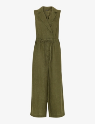 Shop Whistles Women's Khaki/olive Bella Notch-lapel Wrap Linen Jumpsuit