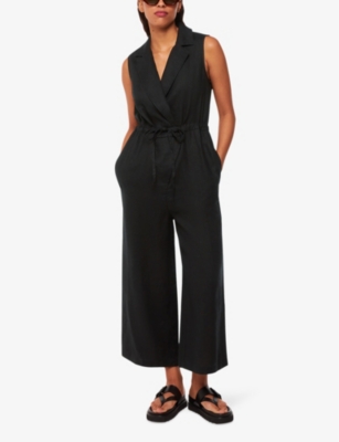 Shop Whistles Women's Black Bella Notch-lapel Wrap Linen Jumpsuit