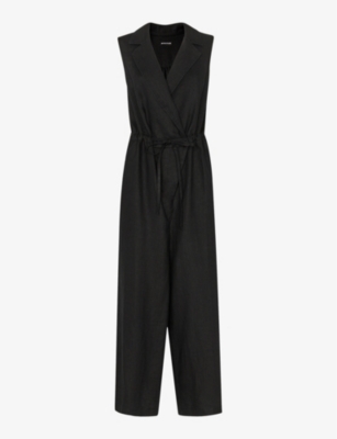 Shop Whistles Women's Black Bella Notch-lapel Wrap Linen Jumpsuit