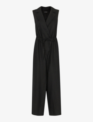 Whistles Womens Black Bella Notch-lapel Wrap Linen Jumpsuit In Black