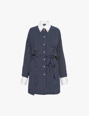 PRADA: Striped contrast-collar silk mini dress