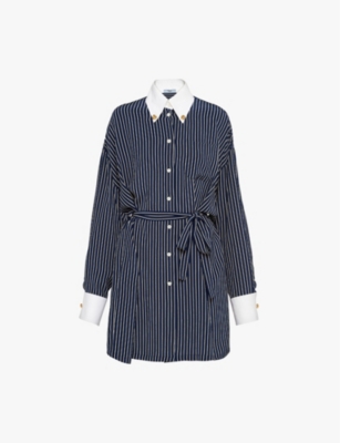 Shop Prada Womens  Striped Contrast-collar Silk Mini Dress In Blue