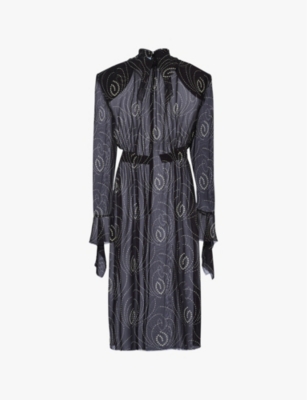 PRADA: Printed long-sleeve georgette midi dress