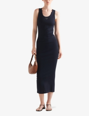 Prada Womens Blue Brand-plaque Slim-fit Cotton Midi Dress In Blue
