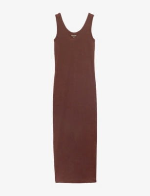 Prada Womens Brown Brand-plaque Slim-fit Cotton Midi Dress