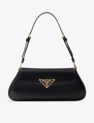 Prada Enameled Metal Triangle-logo Leather Shoulder Bag In Black