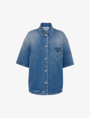 Shop Prada Brand-plaque Relaxed-fit Denim Shirt In Blue