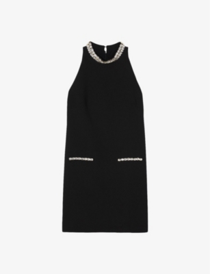 Shop Sandro Womens Noir / Gris Rhinestone-embellished Round-neck Stretch-woven Mini Dress