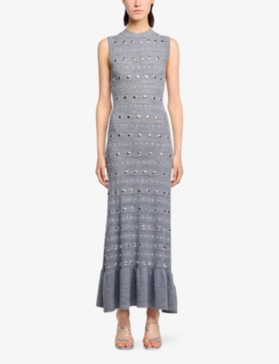 Sandro Womens Grey Studded Ruffled-hem Stretch Pointelle-knit Maxi Dress In Gray