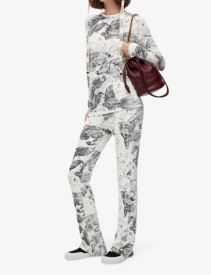 Shop Loewe Women's Off White /multicolo X Paula's Ibiza Parrot-jacquard Flared-leg Woven Trousers