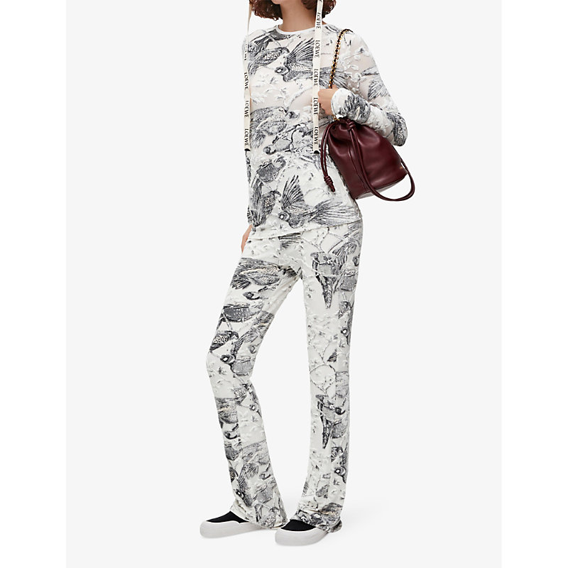Shop Loewe X Paula's Ibiza Parrot-jacquard Flared-leg Woven Trousers In Off White /multicolo