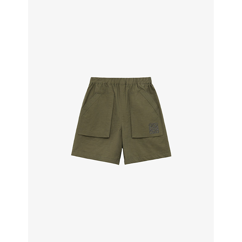 Shop Loewe Women's Khaki Green X Paula's Ibiza Anagram Patch-pocket Woven Shorts