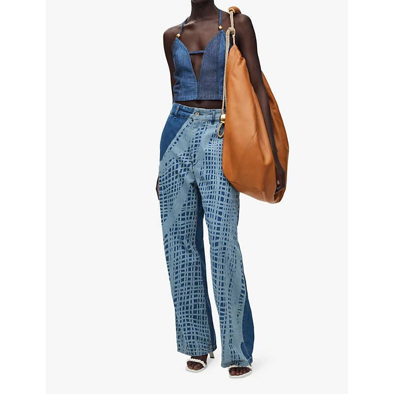 Shop Loewe Womens Light Blue/white Fishnet-print Wide-leg Mid-rise Jeans