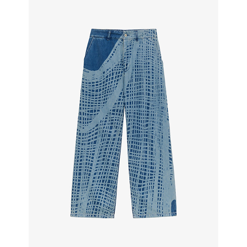 Loewe Fishnet-print Wide-leg Mid-rise Jeans In Light Blue/white