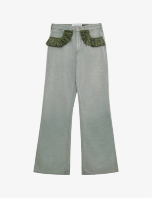 Shop Loewe Women's Khaki Green X Paula's Ibiza Raffia-trim Flared-leg Mid-rise Jeans