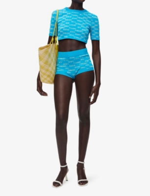 Shop Loewe X Paula's Ibiza Name-intarsia Cropped Cotton Sweater In Turquoise/ecru