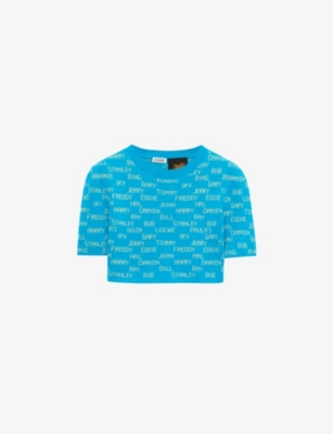 Shop Loewe Womens Turquoise/ecru X Paula's Ibiza Name-intarsia Cropped Cotton Sweater