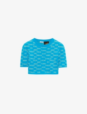 Shop Loewe X Paula's Ibiza Name-intarsia Cropped Cotton Sweater In Turquoise/ecru