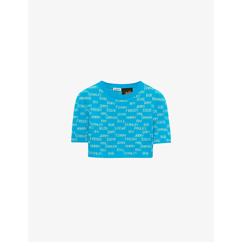 Shop Loewe X Paula's Ibiza Name-intarsia Cropped Cotton Sweater In Turquoise/ecru