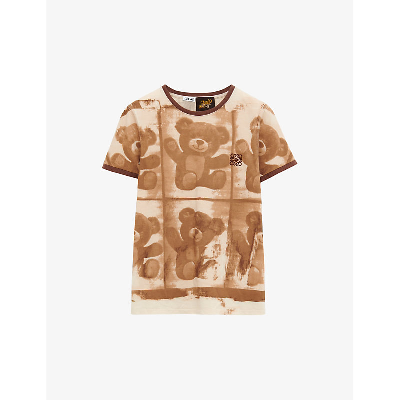 Shop Loewe Women's Brown/multicolor X Paula's Ibiza Teddy-bear-print Slim-fit Cotton-blend-jersey T-shirt