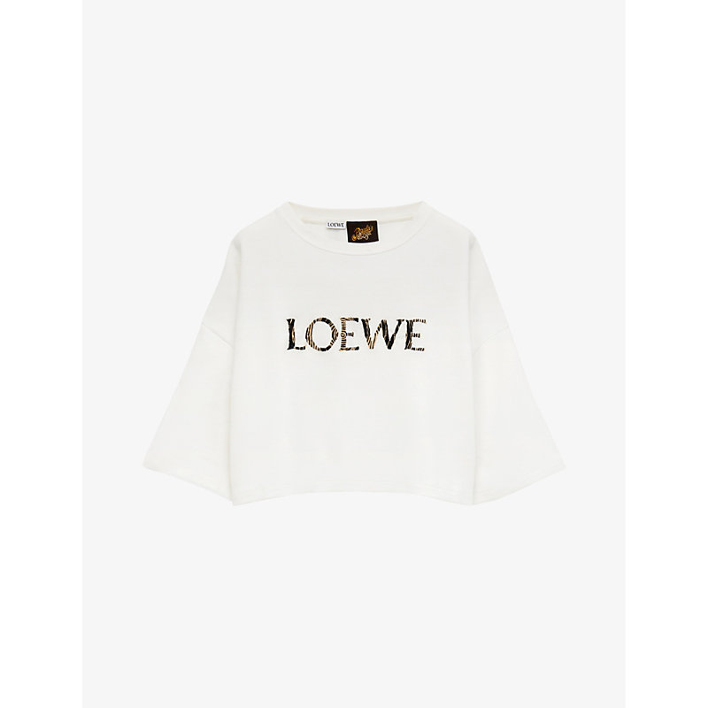 Shop Loewe X Paula's Ibiza Cropped Relaxed-fit Cotton-blend-jersey T-shirt In Off-white