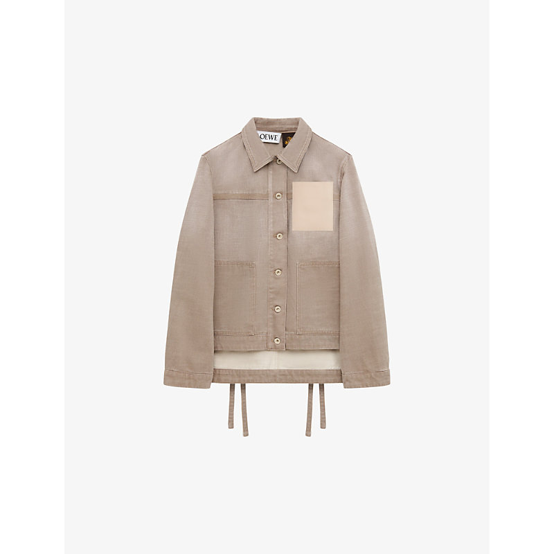 Shop Loewe X Paula's Ibiza Anagram-patch Asymmetric-front Relaxed-fit Denim Workwear Jacket In Beige