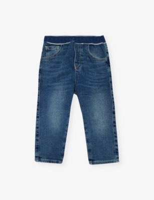 Shop Emporio Armani Denim Blu Md Branded-waistband Straight-leg Stretch-denim Blend Jeans 6-36 Months