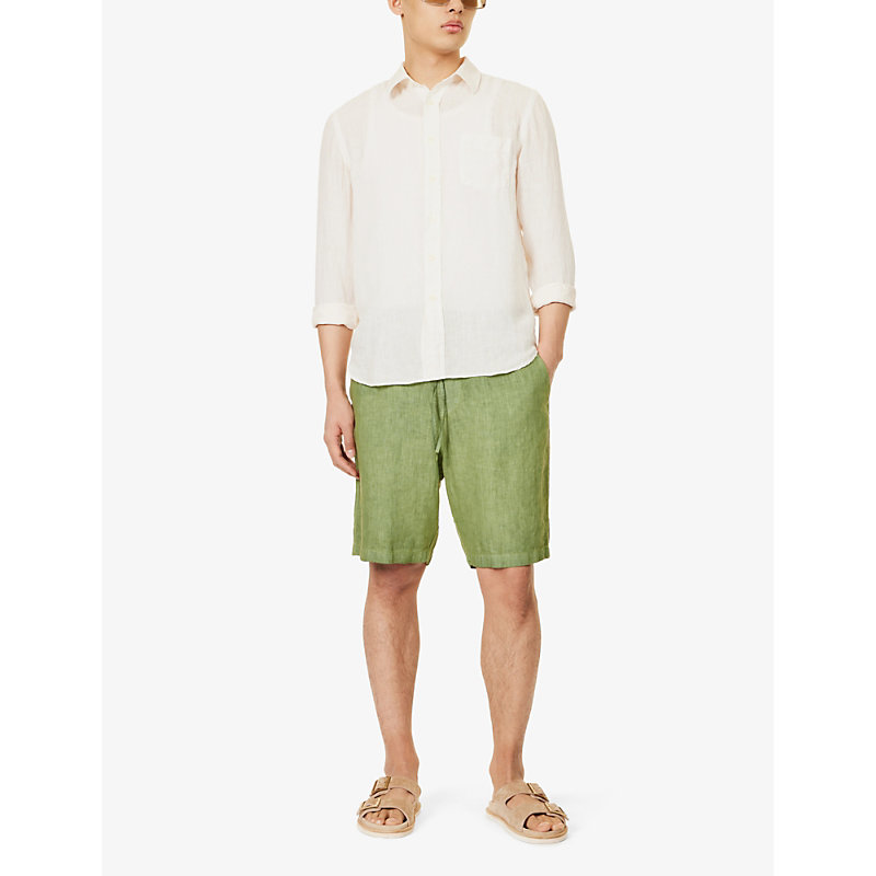 Shop 120% Lino Bermuda Pressed-crease Mid-rise Linen Shorts In Medium Green Soft Fade