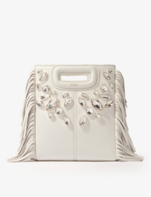Maje Womens Blanc Diamanté-embellished Tassel-trim Leather Shoulder Bag