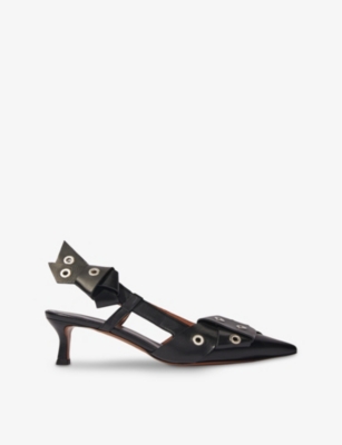 MAJE: Bow-embellished eyelet heeled leather pumps