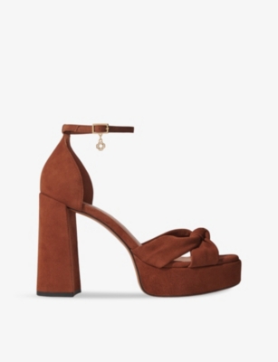 MAJE: Clover-embellished twist-strap heeled suede sandals