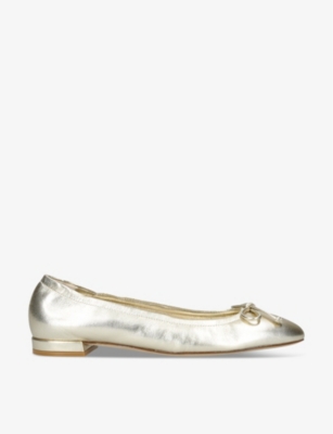 Shop Stuart Weitzman Omens  Bria Bow-embellished Metallic-leather Ballet Flats In Gold