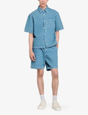 Sandro Mens Bleus Graphic-print Patch-pocket Denim Shirt In Bleus