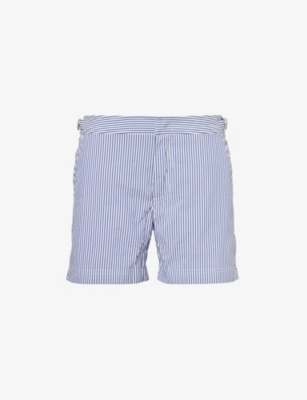 Shop Orlebar Brown Setter Mid-rise Seersucker Swim Shorts In Blueberry/white Stripe