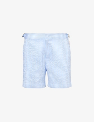 Shop Orlebar Brown Bulldog Stripe-print Stretch-woven Shorts In White/light Island Sky