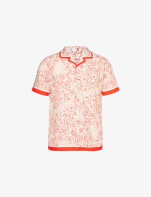 Shop Orlebar Brown Hibbert Floral-print Regular-fit Woven Shirt In Summer Red/white Sand
