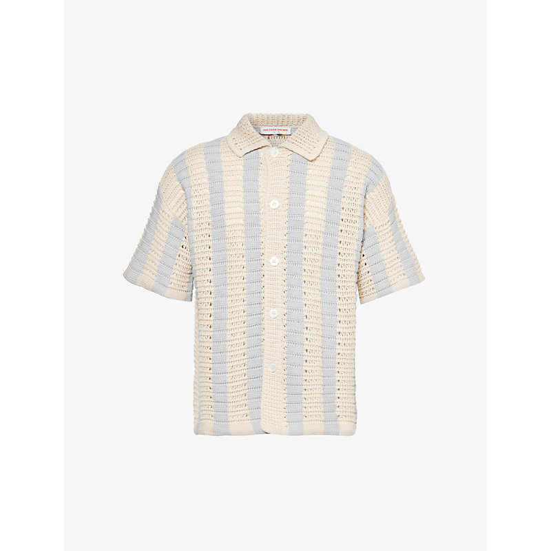 Orlebar Brown Thomas Stripe-pattern Crochet Cotton-knit Shirt In Light Sky/white