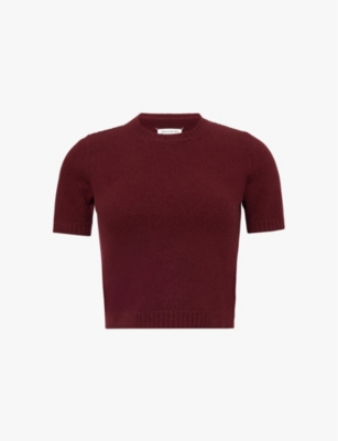 Shop Maison Margiela Womens  Logo-embroidered Short-sleeve Wool Top In Bordeaux