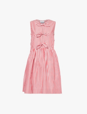 GANNI: Stripe-print bow-embellished organic-cotton mini dress